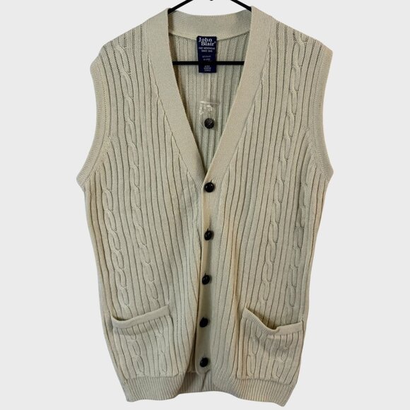 Vintage John Blair Button-Up V-Neck Cable Knit Sweater Vest Cream Men's Medium - Picture 1 of 9